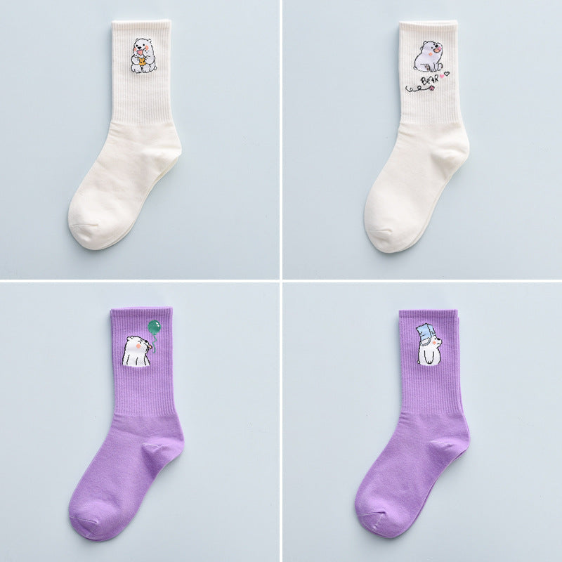 4Pair Spring And Summer Combed Out Of Pure Cotton Socks Mid Waist Fashion Bear Socks Cute Animal Socks Kawaii Cute Cartoon Purple College Socks For Men And Women