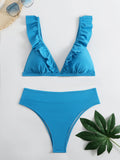 V-neck Ruffled High-waist Bikini Sets Swimsuit Womens Ruffle Flounce Triangle Bathing Suits Cute Two Piece Swimsuits Women Solid Brown Two Pieces Swimwear New Beach Bathing Suits