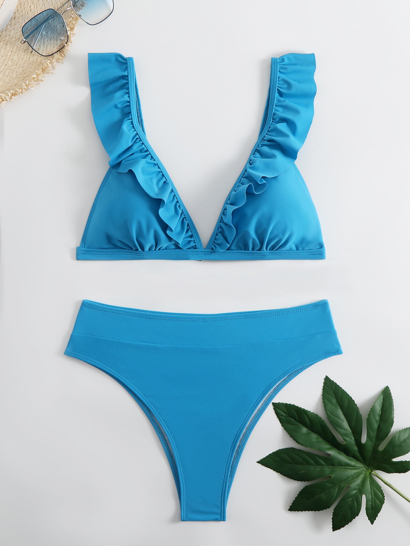 V-neck Ruffled High-waist Bikini Sets Swimsuit Womens Ruffle Flounce Triangle Bathing Suits Cute Two Piece Swimsuits Women Solid Brown Two Pieces Swimwear New Beach Bathing Suits