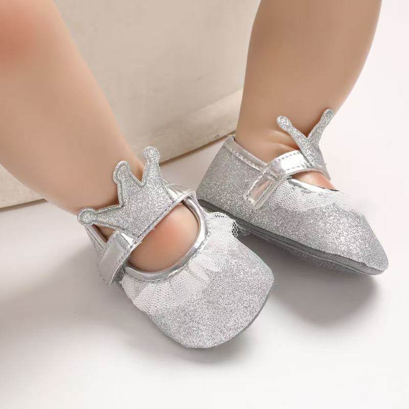 Newborn Infant Baby Girls Shoes Toddler Kids Princess Crown Glitter Design Shoes Soft Sole Anti-slip