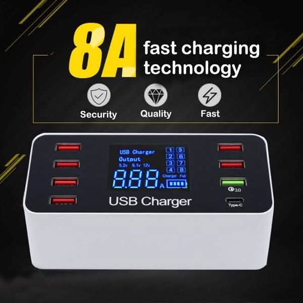 8A40W Charger Adapter Type C Hubs Quick Charge 3.0 USB Multi Port USB Charger Dock Station LCD Display with Smart Identification