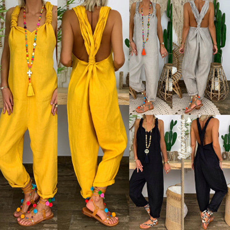 Loose Casual Women's Plus Size Linen Suspenders Pants