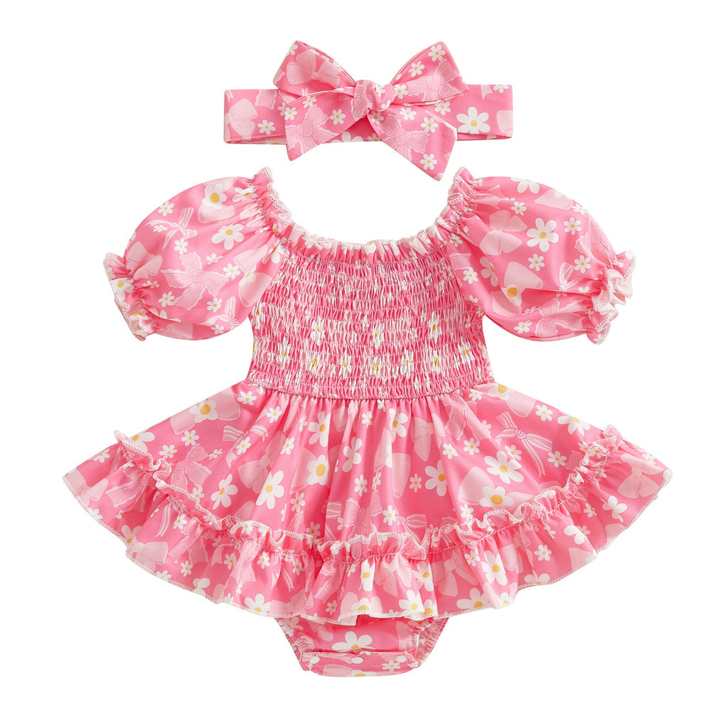 Girls' Bubble-Sleeve Romper With Tie-Dye Floral Print