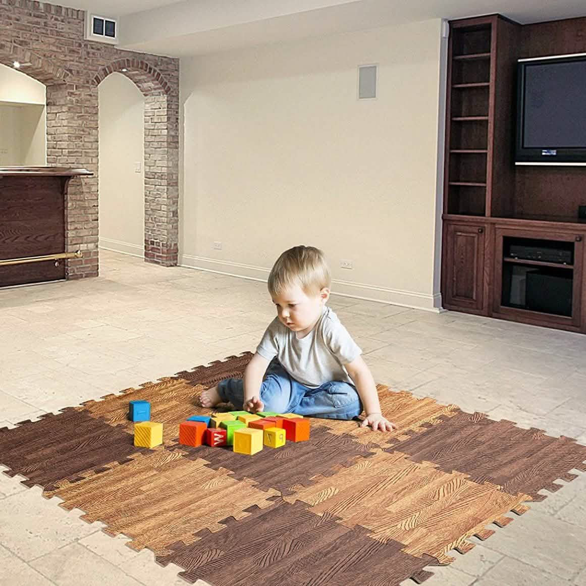 9-Piece Set: HemingWeigh Printed Wood Grain Interlocking Foam Floor Puzzle Mats