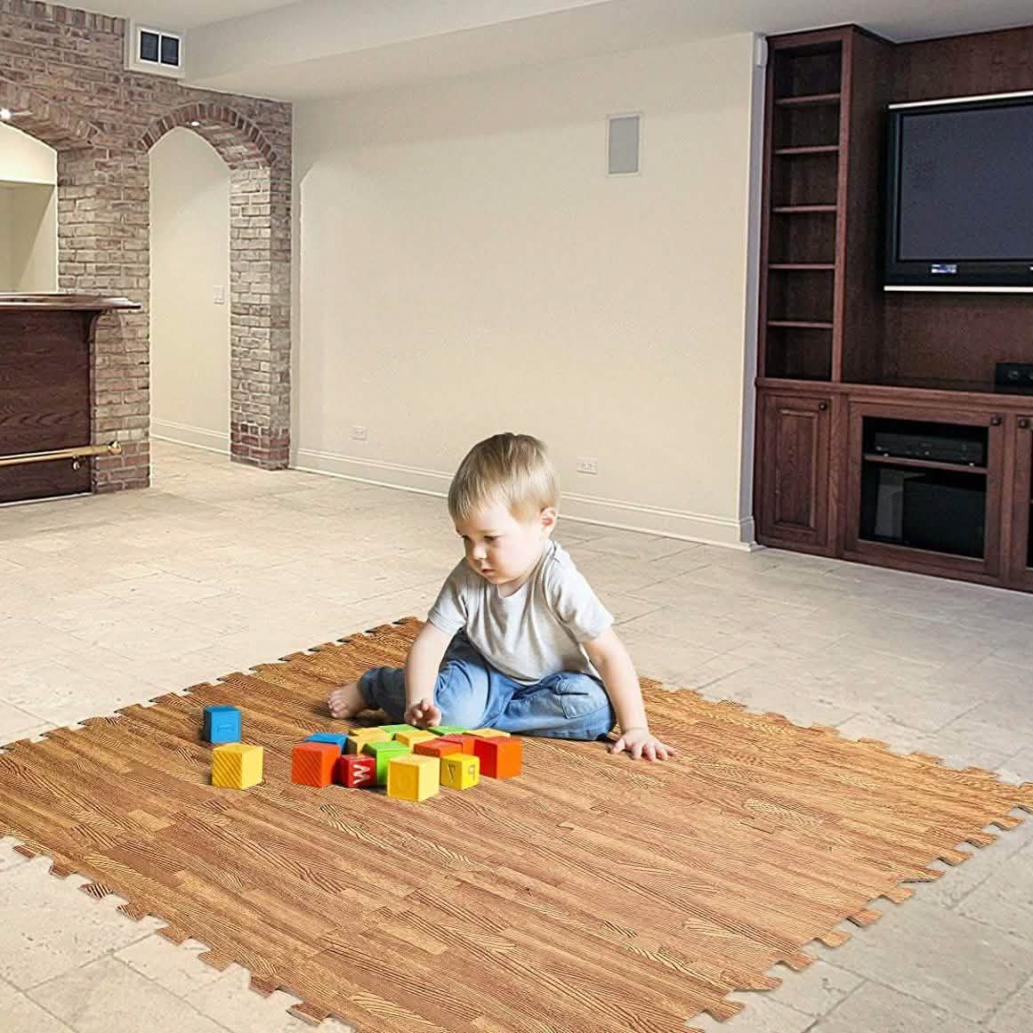 9-Piece Set: HemingWeigh Printed Wood Grain Interlocking Foam Floor Puzzle Mats