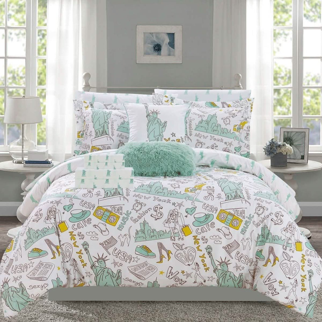 9-Piece Set: Liberty Reversible Comforter Set New York Theme Printed Design Bed