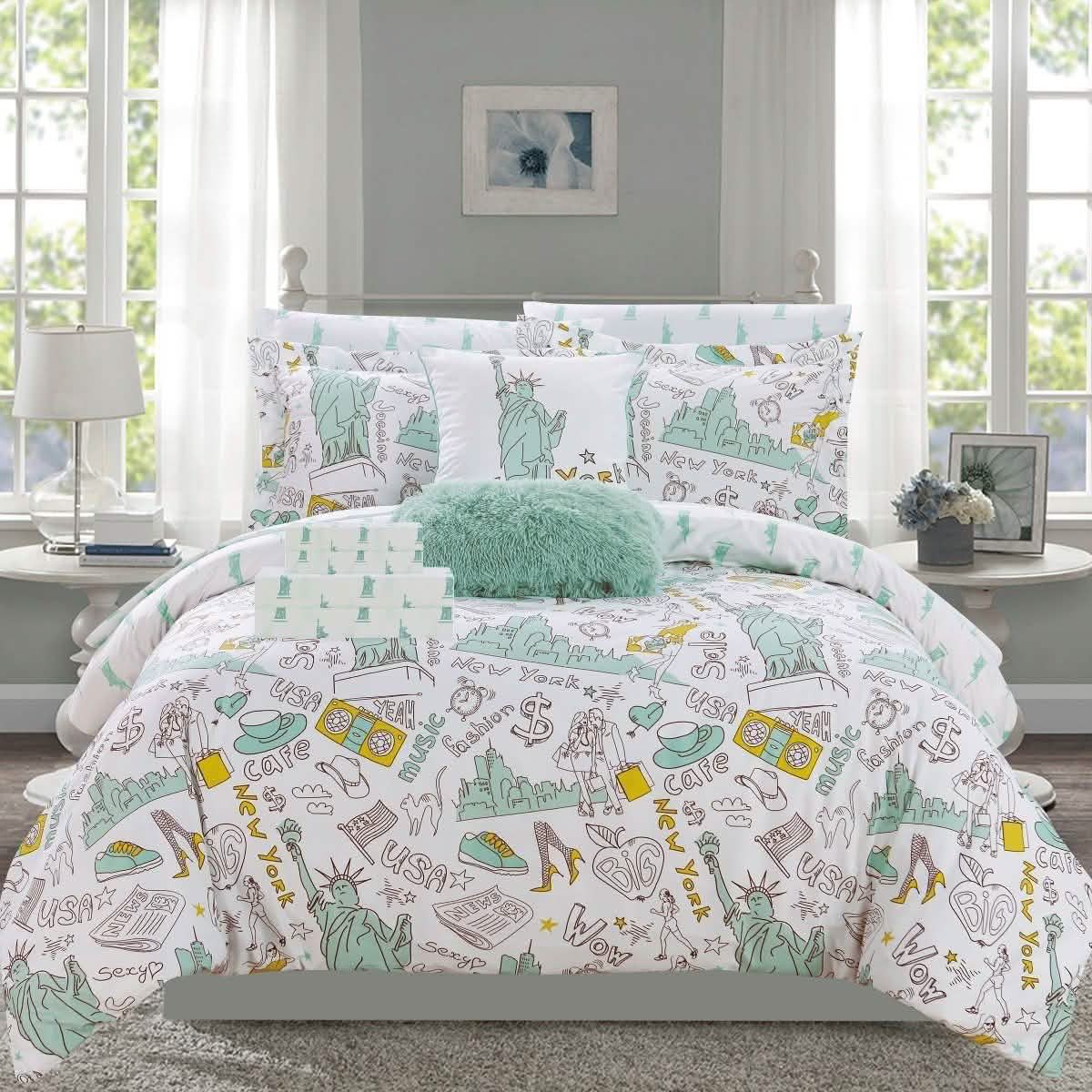 9-Piece Set: Liberty Reversible Comforter Set New York Theme Printed Design Bed