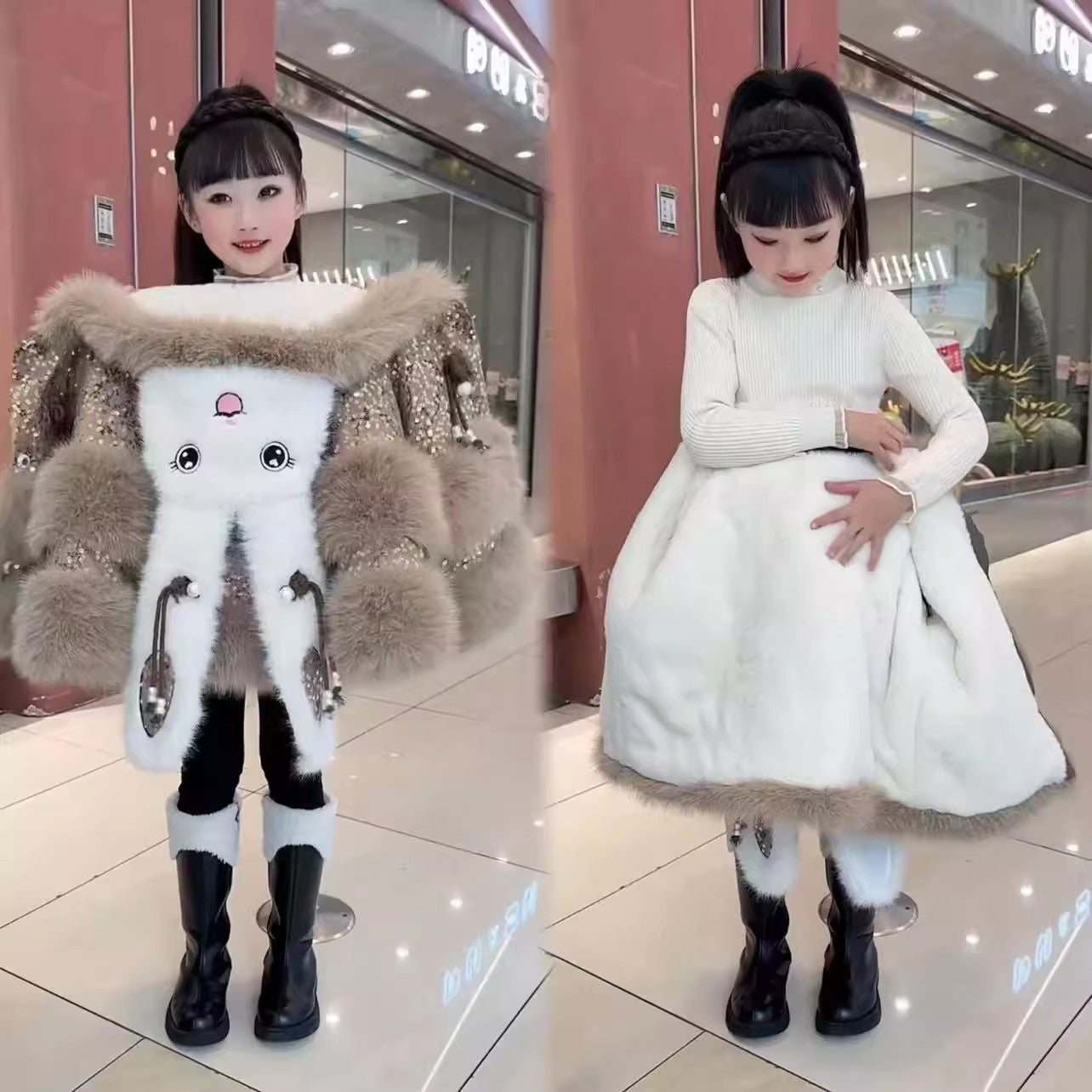 Fleece-lined Padded Faux Fur Coat For Little Girls