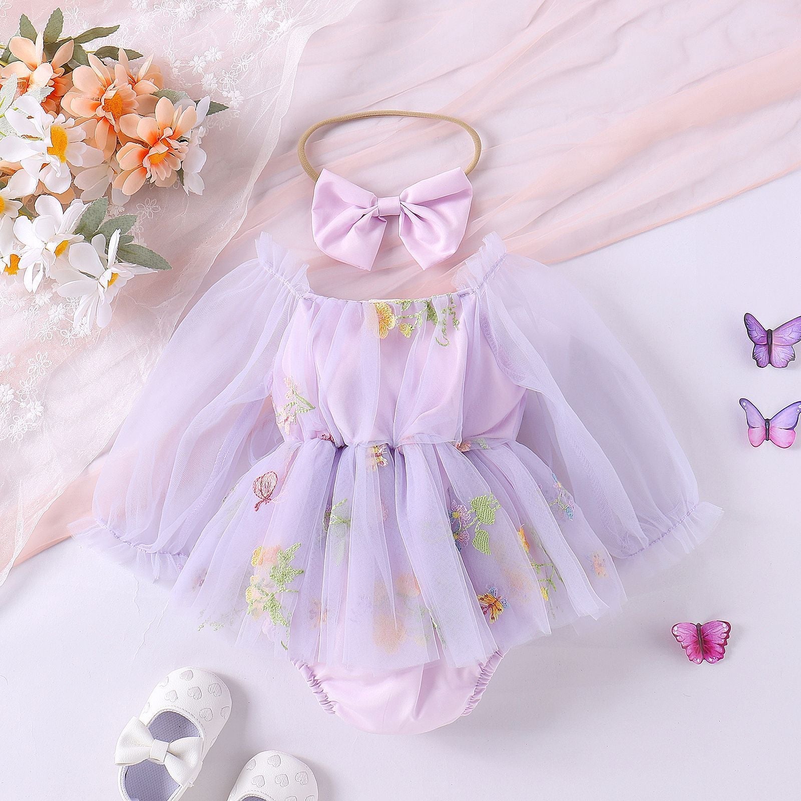 Girls' Fashionable Flower Embroidered Mesh Romper