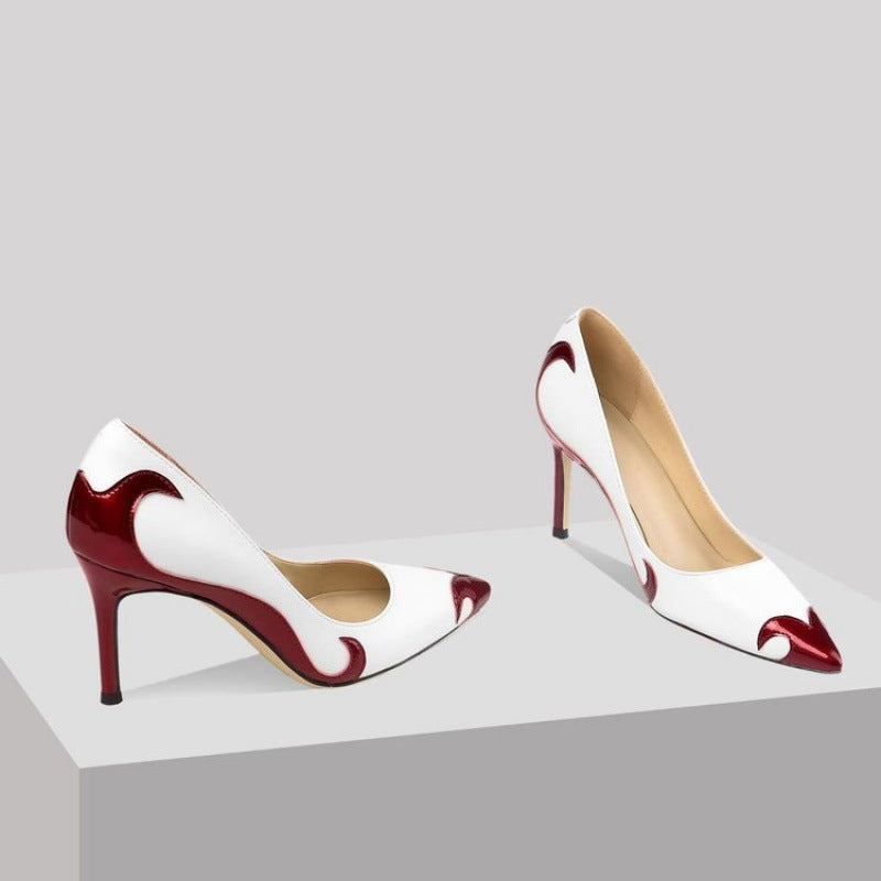 Red and green dragonfly pointed slender heel banquet women's shoes color blocked single shoes for women
