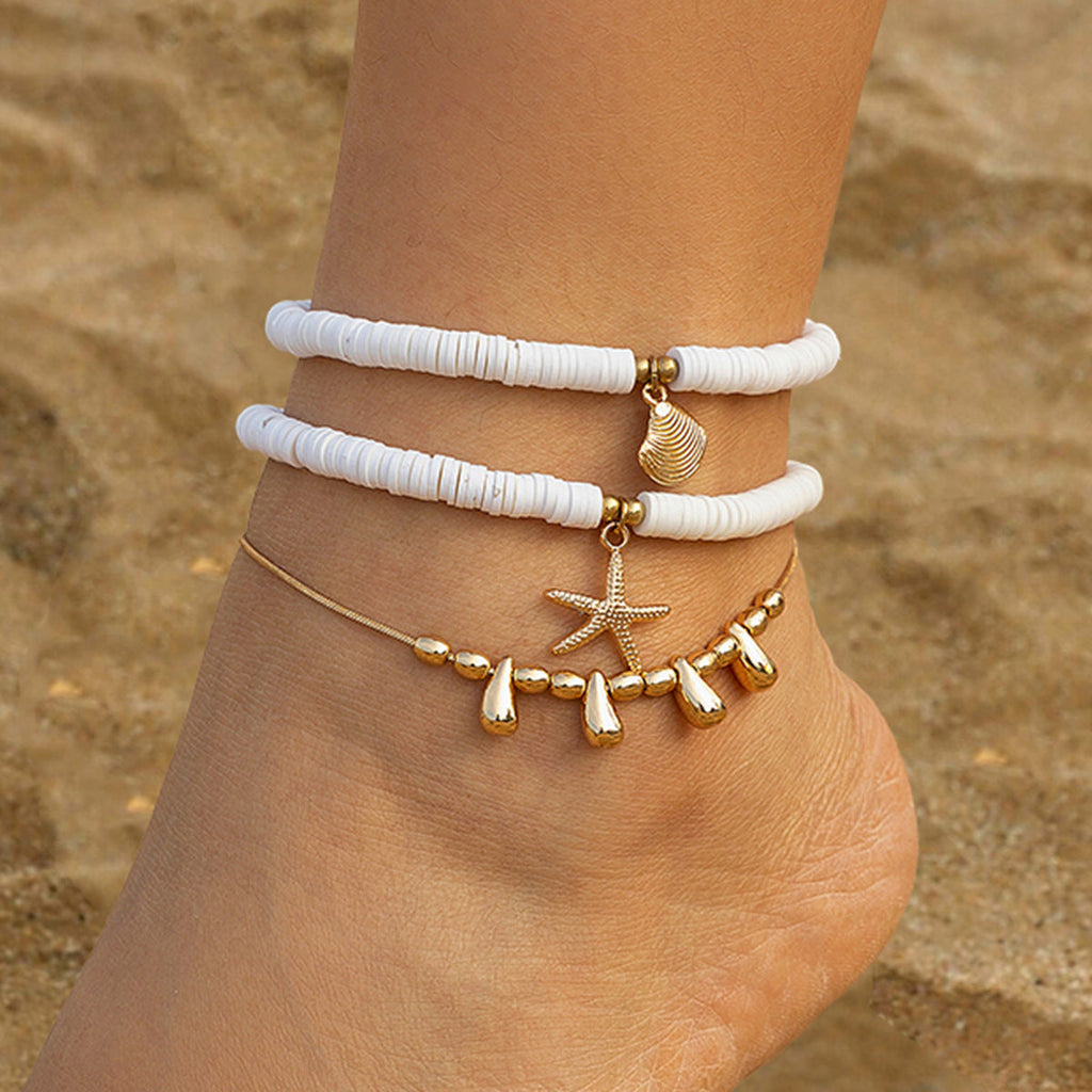 Holiday starfish soft ceramic ankle chain set, beach multi-layer alloy copper chain ankle ring