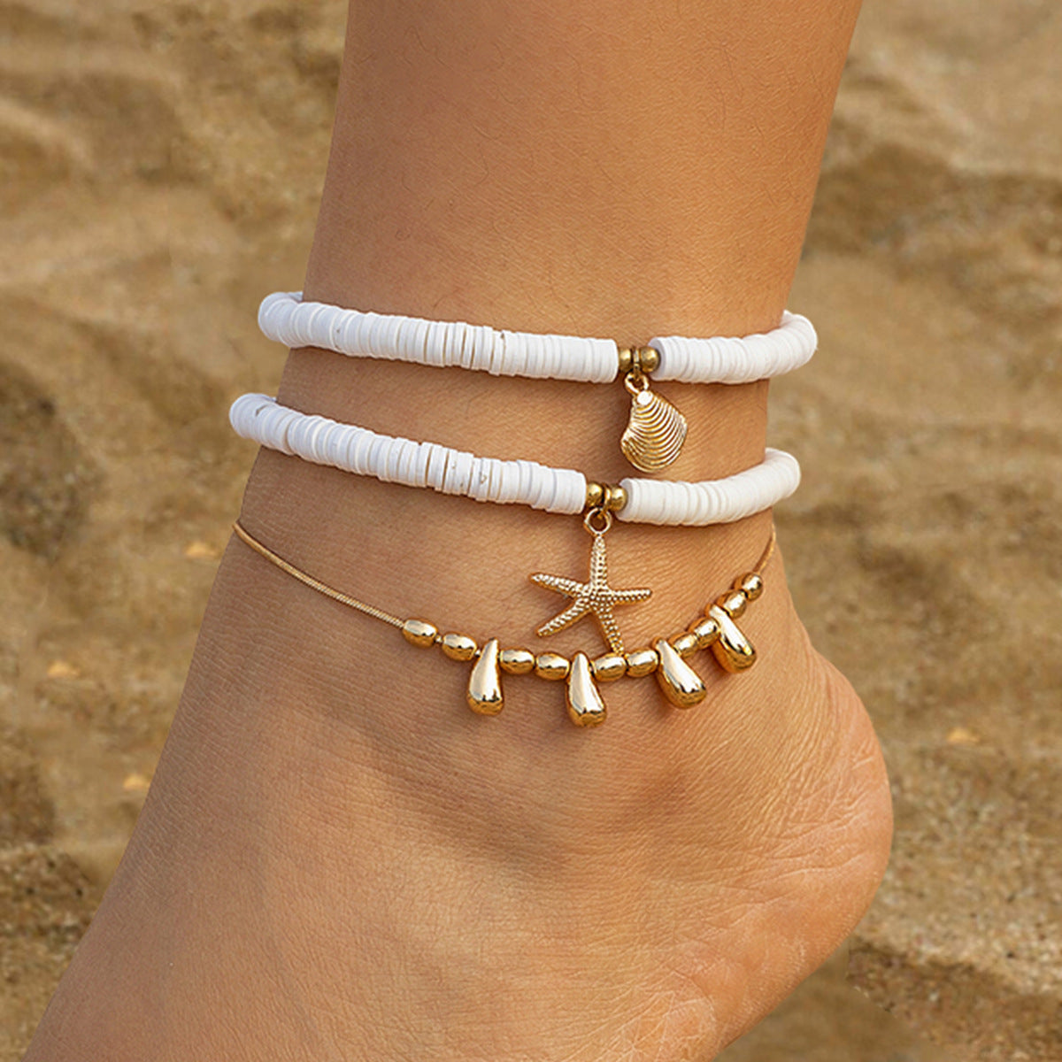 Holiday starfish soft ceramic ankle chain set, beach multi-layer alloy copper chain ankle ring