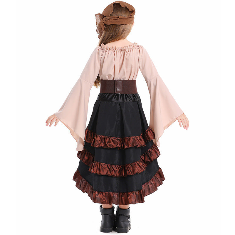 Halloween Retro Front Short Back Long Irregular Ruffled High Waist Dress Up