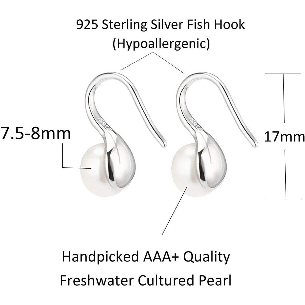 925 Sterling Silver 7.5-8mm White Freshwater Cultured Pearl Dangle Drop Earrings