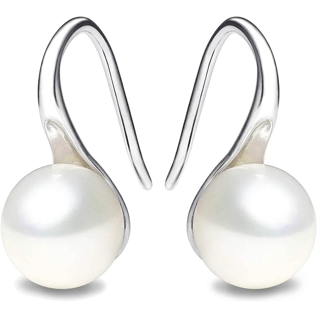 925 Sterling Silver 7.5-8mm White Freshwater Cultured Pearl Dangle Drop Earrings