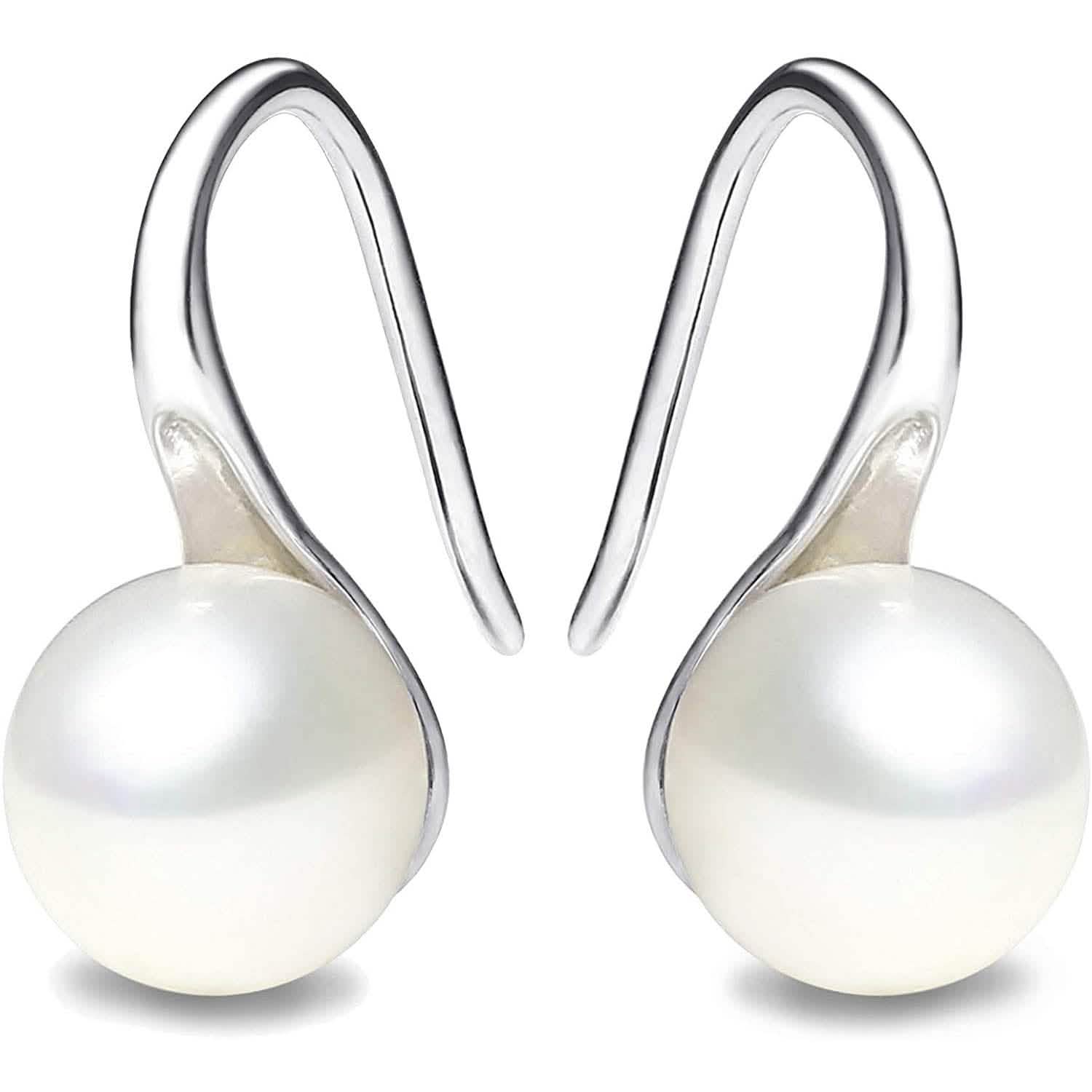 925 Sterling Silver 7.5-8mm White Freshwater Cultured Pearl Dangle Drop Earrings