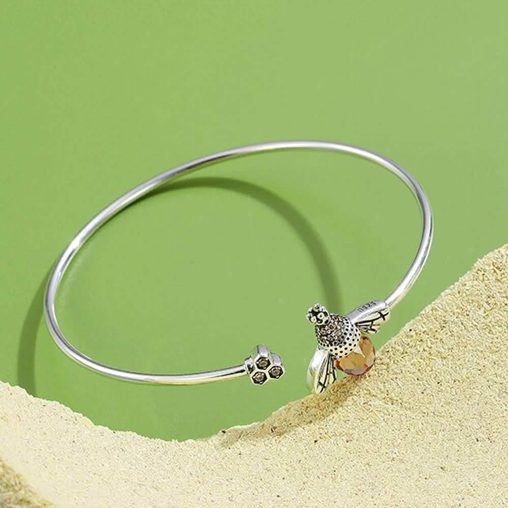 925 Sterling Silver  Bee Shape Cubic Zirconia and Austria Crystal Cuff Bracelet