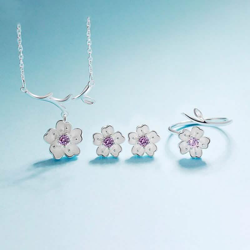 925 Sterling Silver Cute Flower Necklace Earrings Rings Bracelet Jewelry Set