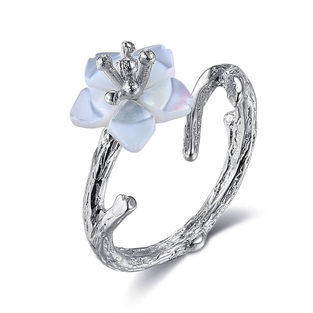 925 Sterling Silver White Cherry Blossom Shell Pearl Flower Branch Rings