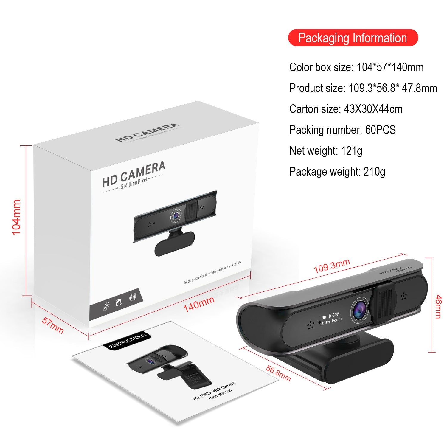 Computer camera with 5 million AF autofocus and support for 1080P video conferencing and online courses