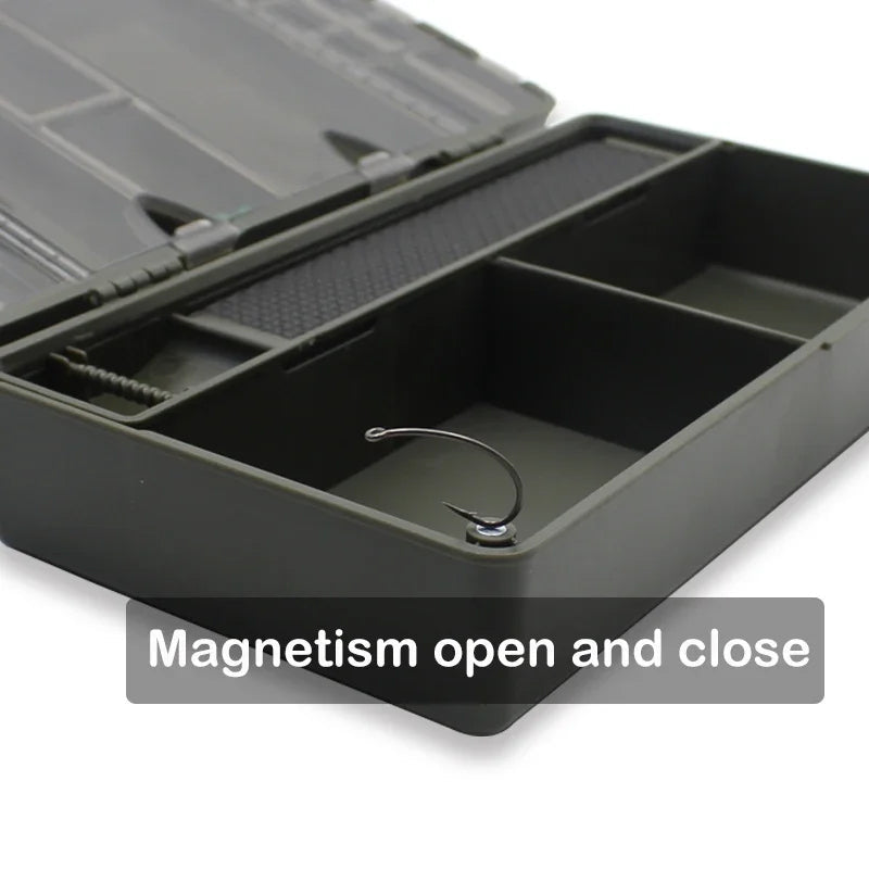 Fishing storage box, portable tackle box, magnetic compartments, fishing accessories