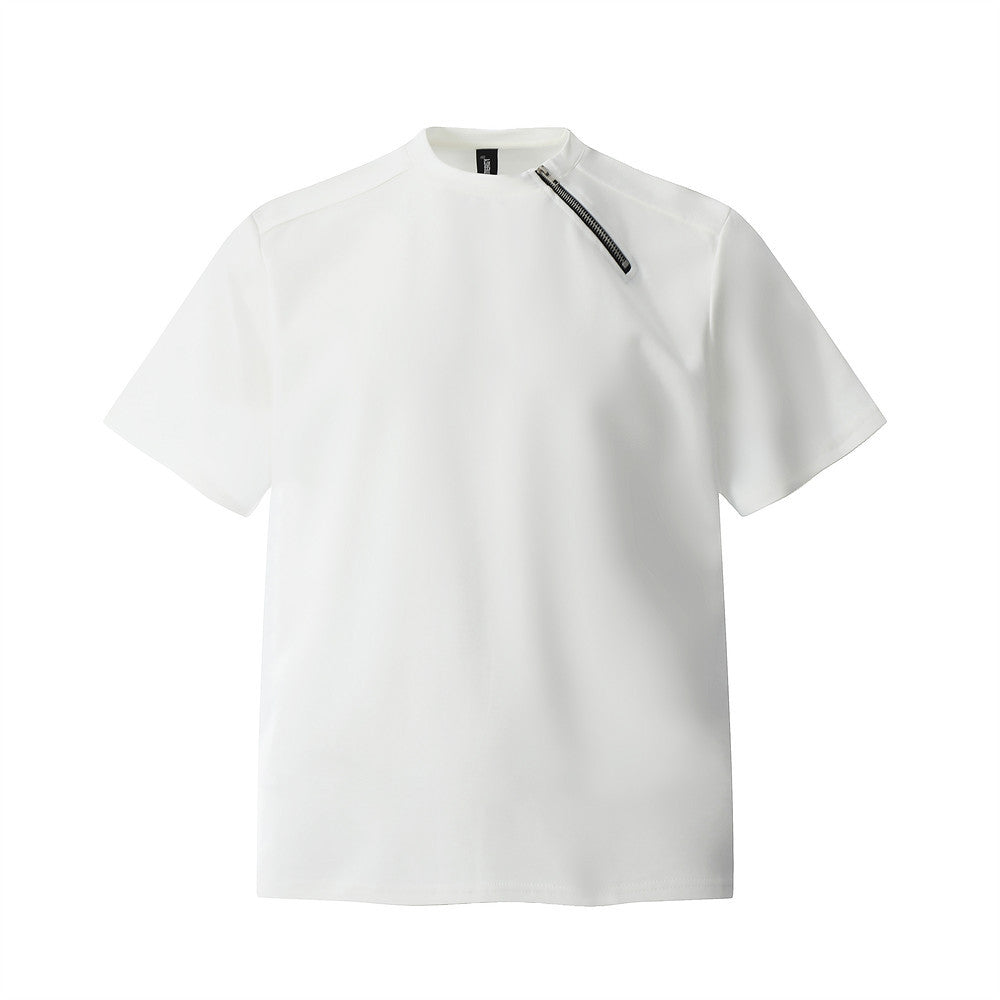 Zipper Design Heavyweight Short Sleeve T-Shirt Men's Loose Round Neck Half Sleeve Tee