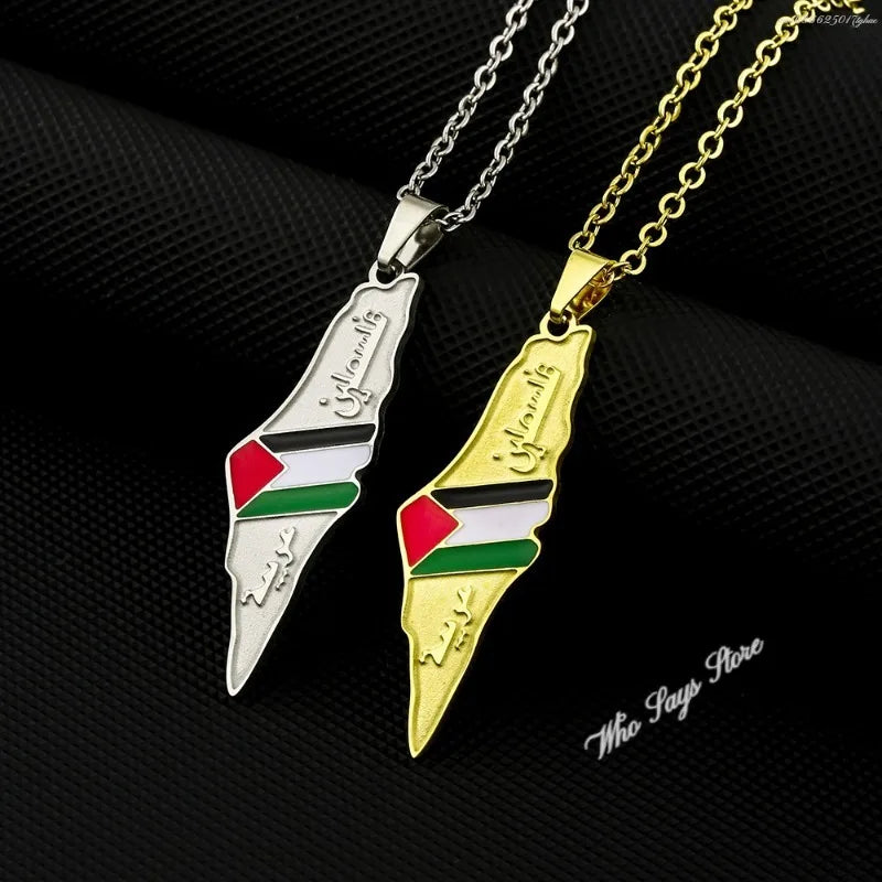 Stainless steel Palestine map necklace for men and women