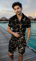 Men's Summer Fashion Short Sleeve black n gold Geometric Zip Lapel Shirt and short Set