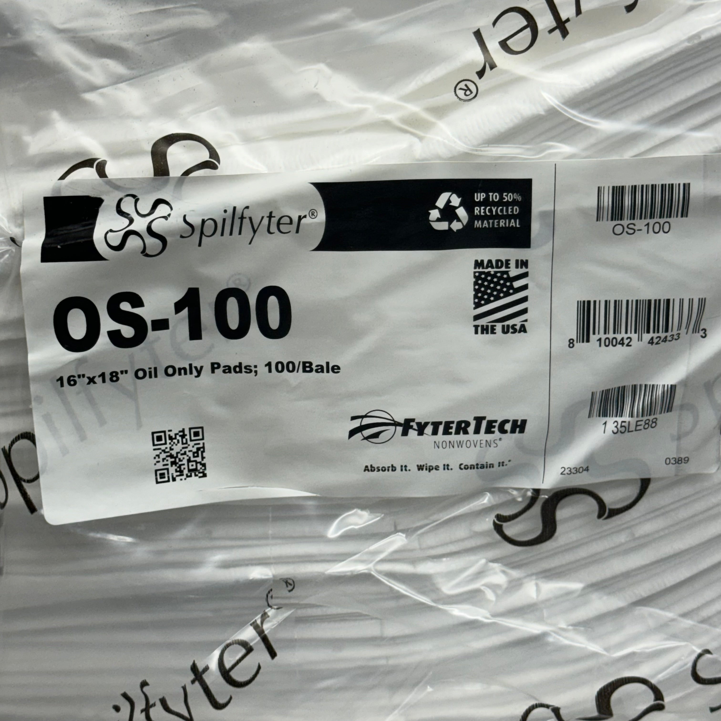 SPILFYTER OS-100 16”x18” Oil Only Absorbent Pads Pack of 100 White