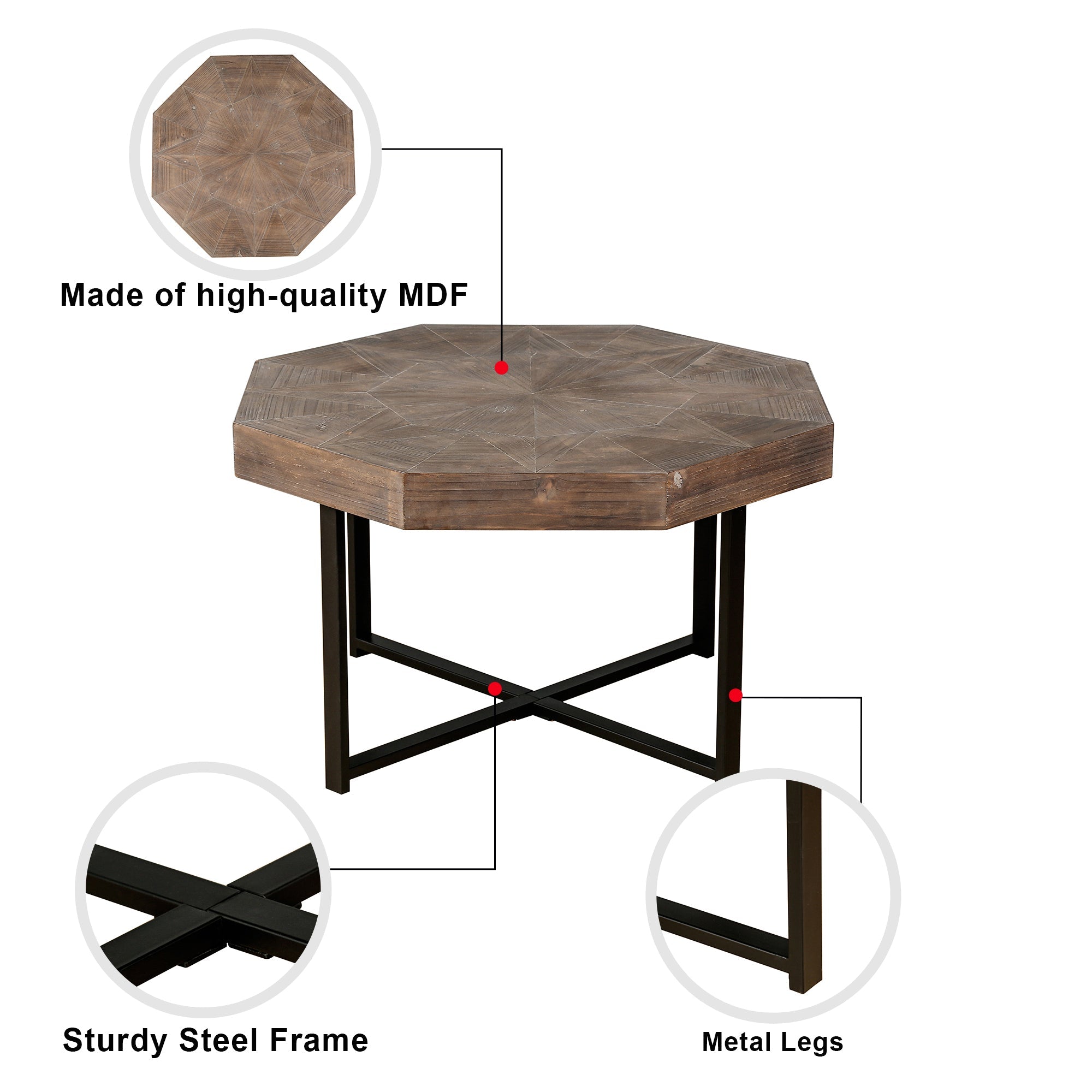Wooden octagonal retro patchwork craft 30 inch wooden tabletop cross metal leg coffee table (antique brown)