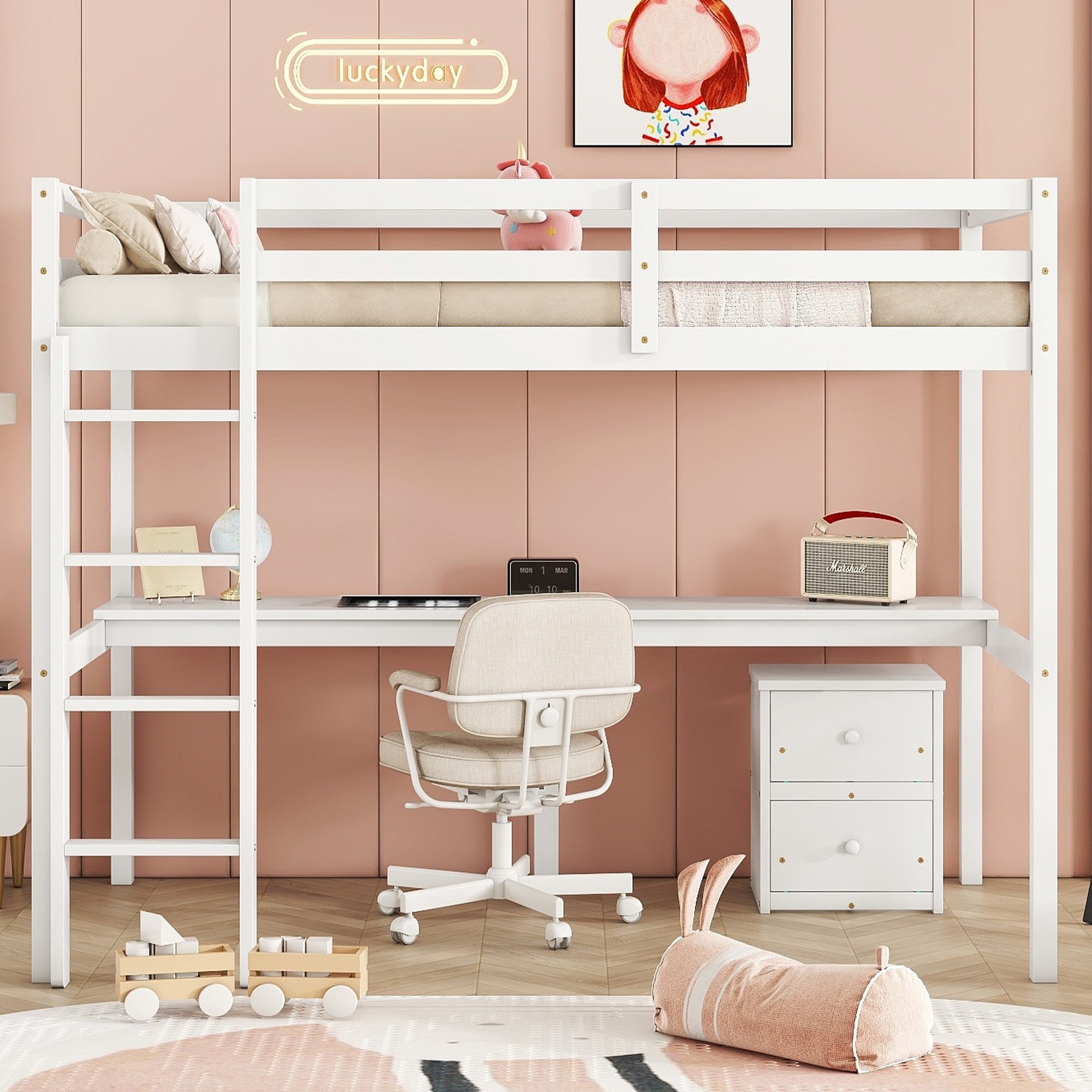 Twin Loft Wood Bed with Under-bed, Built-in Desk, a Storage Cabinet of 2 Drawers, Guardrails, Ladder,White