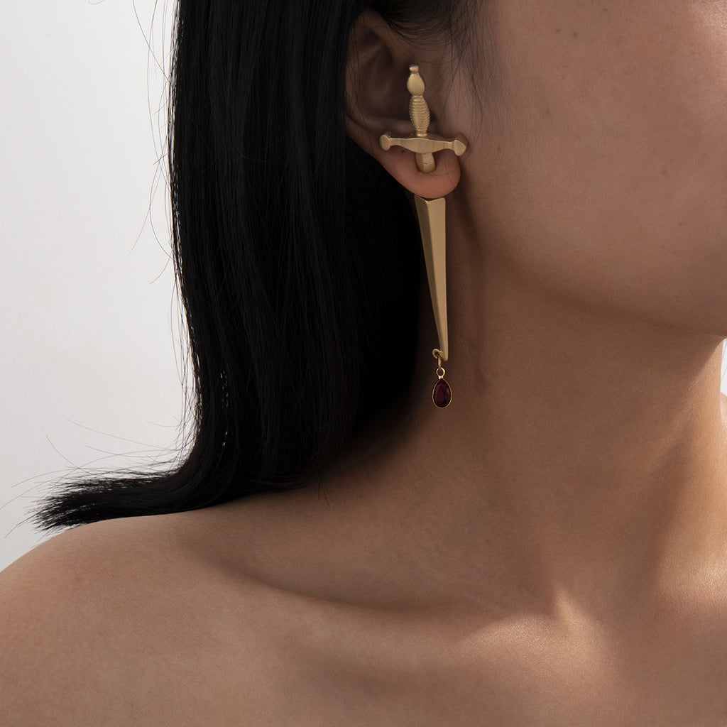Long Sword Hilt Earrings Red Drop Cross Earrings