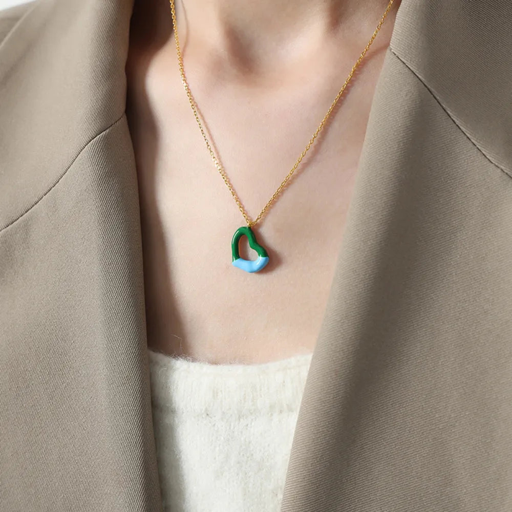 Two tone weight glazed design heart pendant titanium steel gold-plated necklace