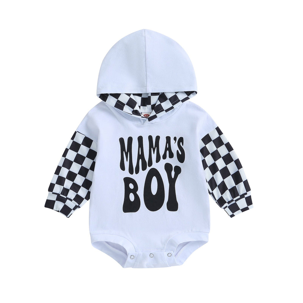 Letter-printed Plaid Patchwork Long-sleeve Hooded Romper