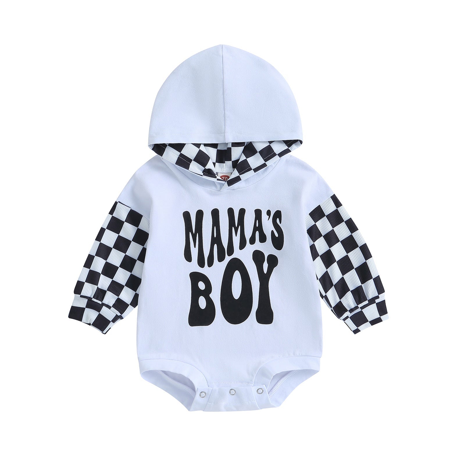 Letter-printed Plaid Patchwork Long-sleeve Hooded Romper