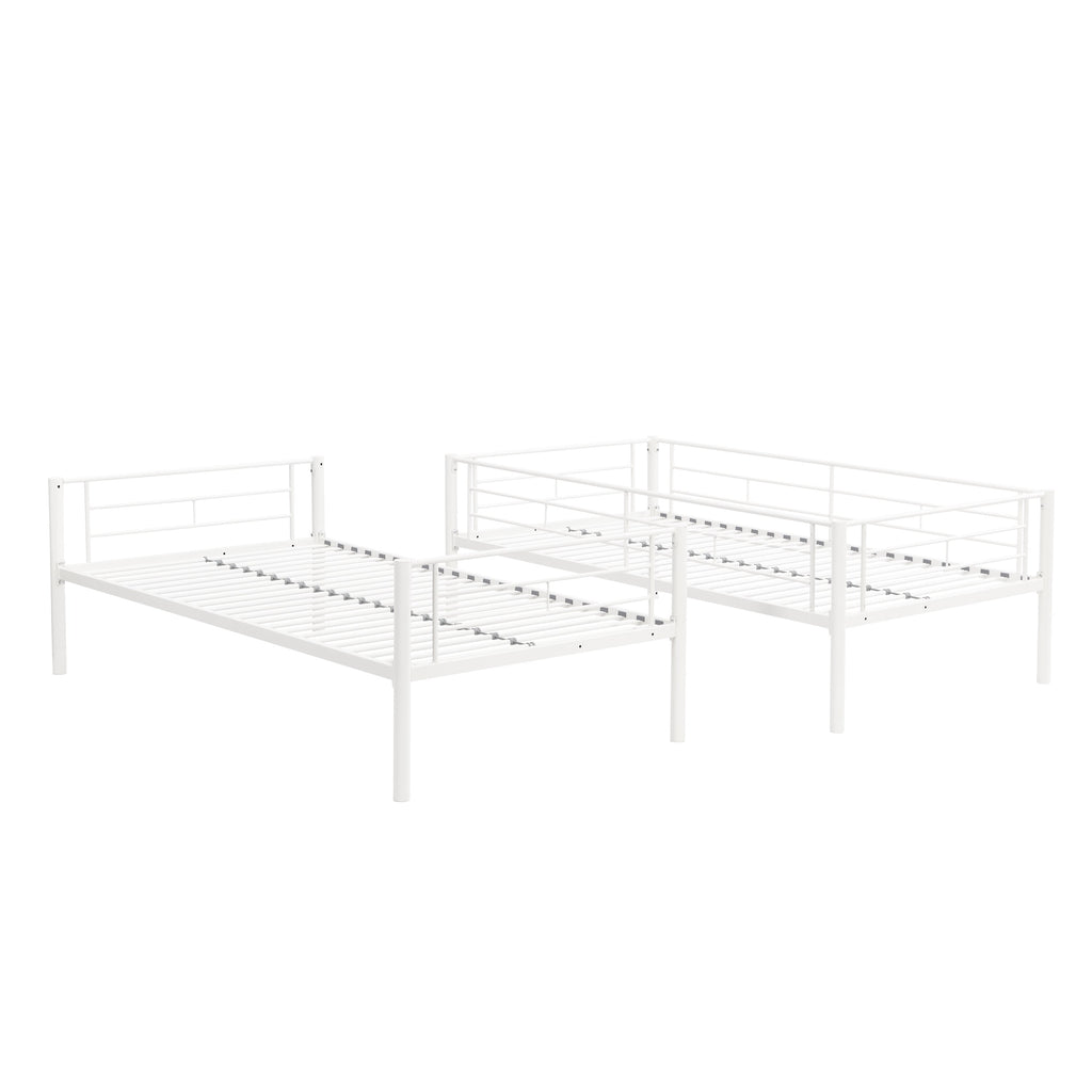 Twin metal bunk beds, metal structure bed frame with safety guardrails and 2 ladders, convertible bunk beds, white