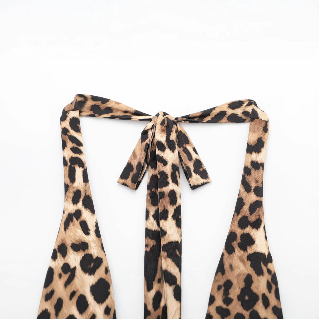 Leopard print halter neck one-piece swimsuit for women