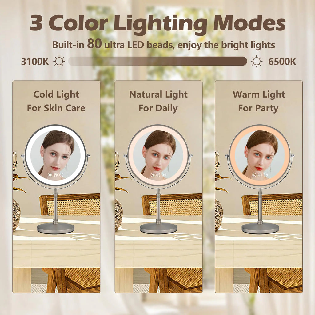 9" Large Makeup Mirror with Lights, 1X/10X Magnifying Vanity Mirror with 3 Colors Dimmable Lightning, 80 LED Lights, 360°Rotation Double Sided Standing Lighted Makeup Mirror Nickel Matte Nickel