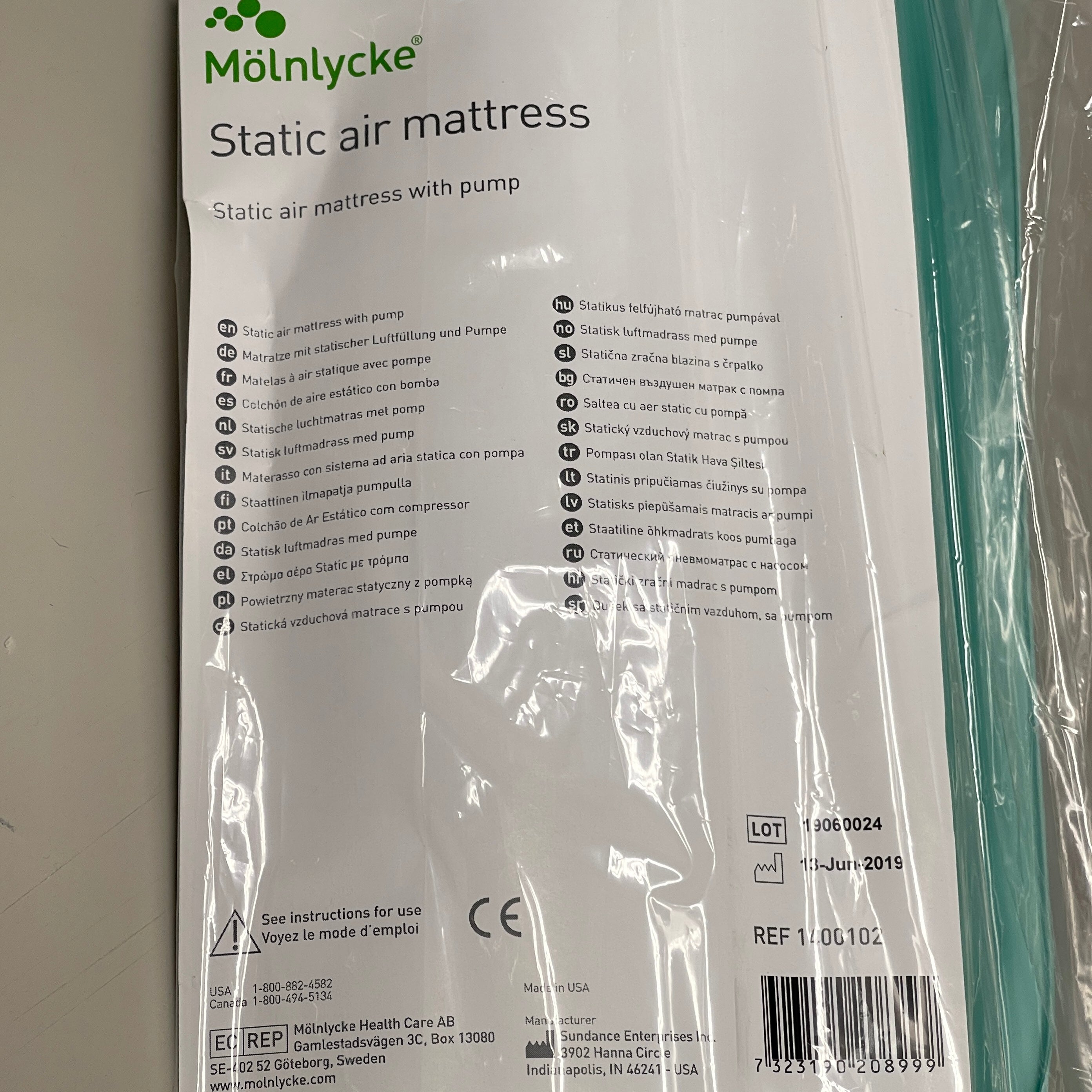 MOLNLYCKE Inflatable Static Air Mattress w/ Hand Pump Twin Teal 1400102