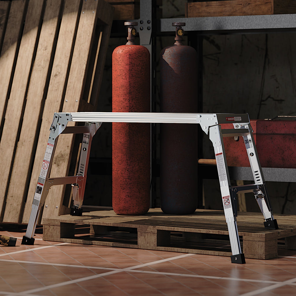 Aluminum Work Platform Large Size Step Stool Folding Portable Work Bench 40" Width Telescopic Feet 22" -27.5" Height Adjustable
