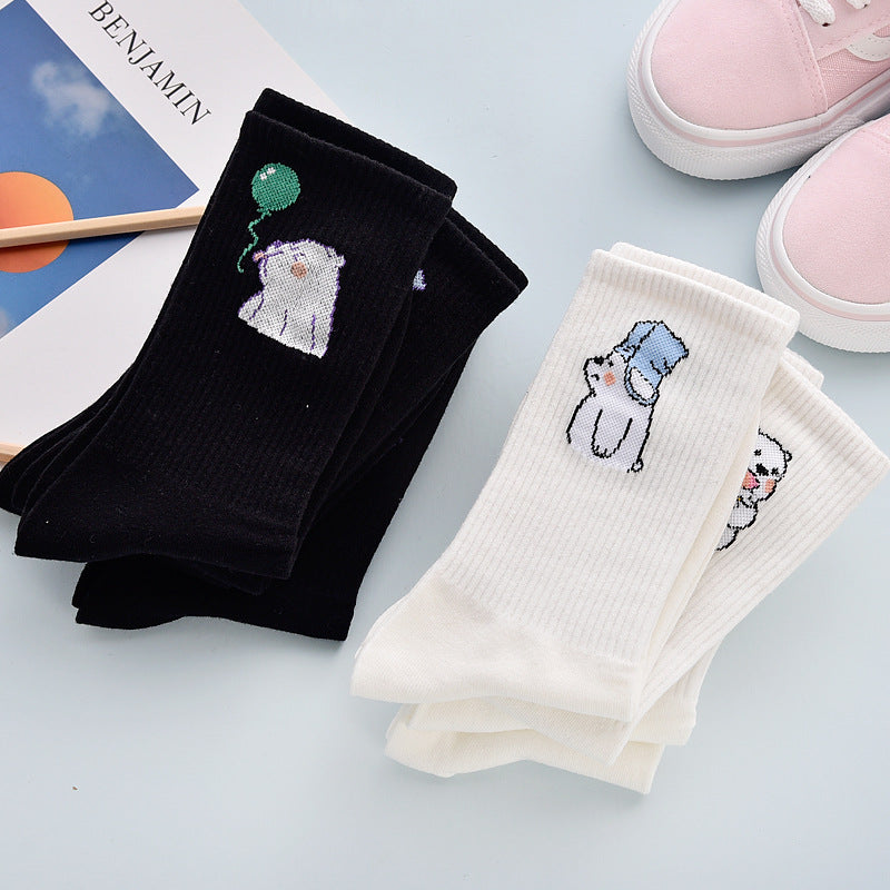 4Pair Spring And Summer Combed Out Of Pure Cotton Socks Mid Waist Fashion Bear Socks Cute Animal Socks Kawaii Cute Cartoon Purple College Socks For Men And Women