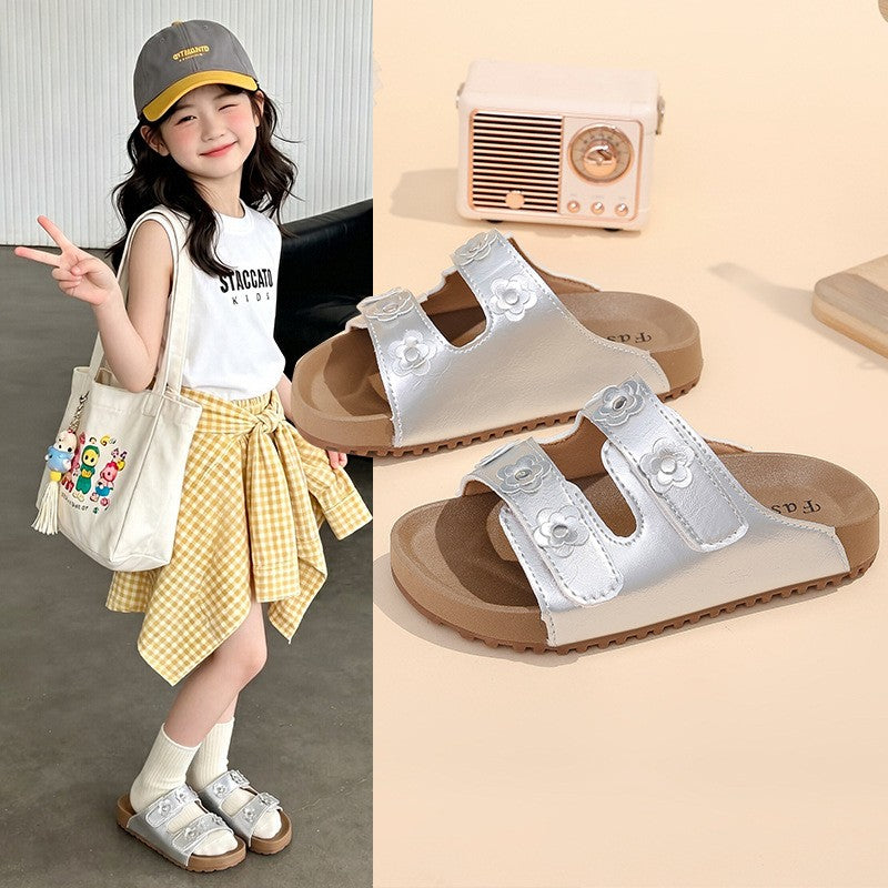 2026 New Girls Floral Rhinestone Slide Slippers, Adjustable Strap Soft Sole Non-slip Kids One-Strap Slides For Outdoor Summer Wear