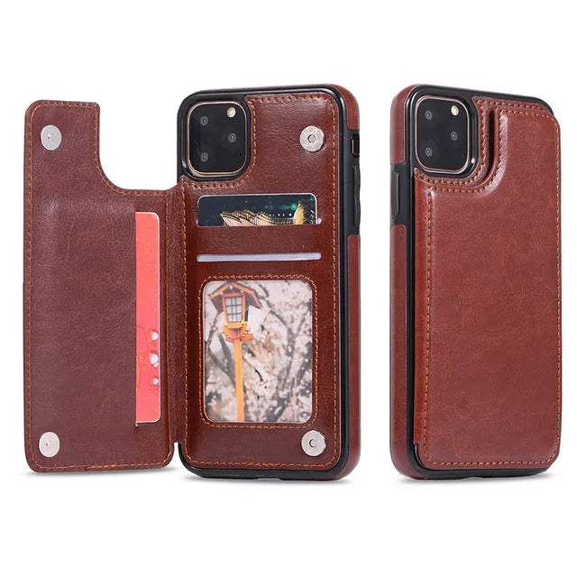 Leather Wallet Case for iPhone - Flip Cover with Card Slots & Kickstand