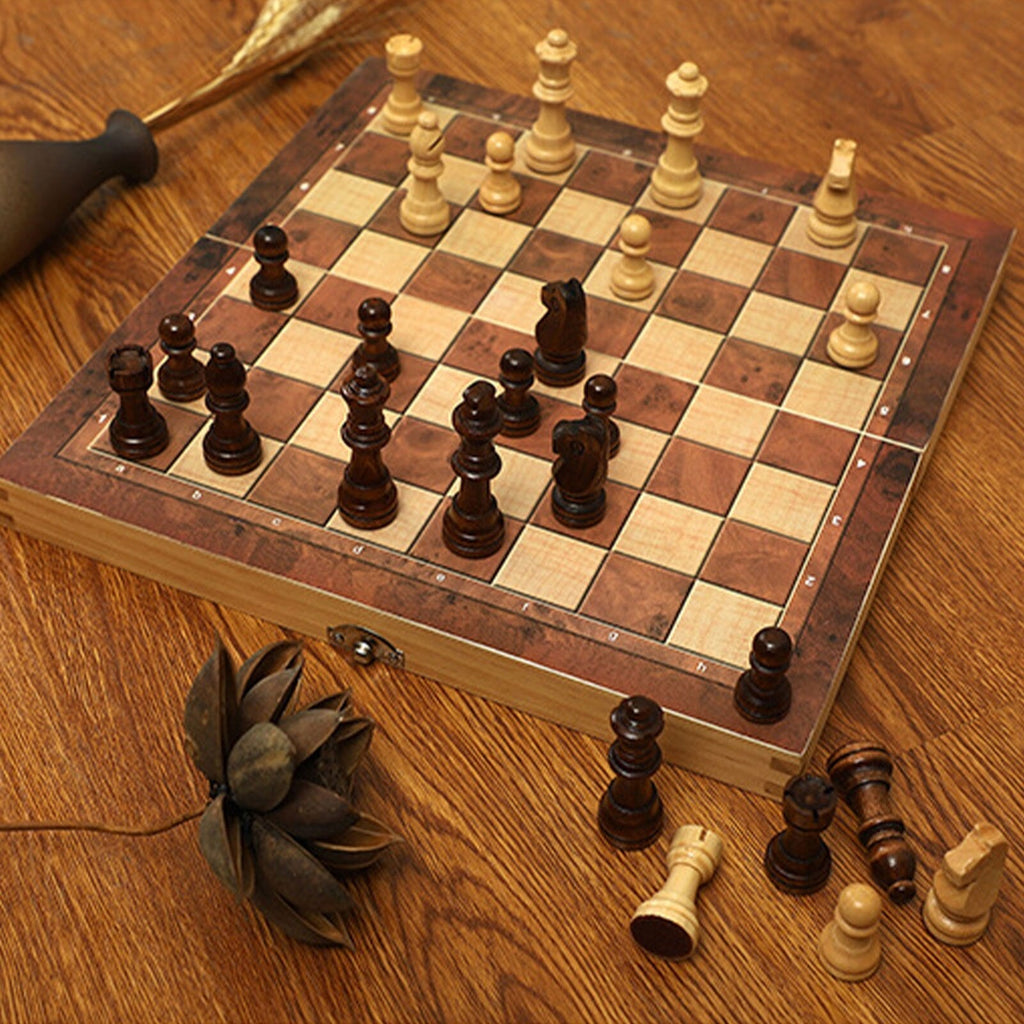 3 In 1 Portable Wooden Foldable Chess Board Set & Checkers & Backgammon Set With Chess Pieces And Carrying Case