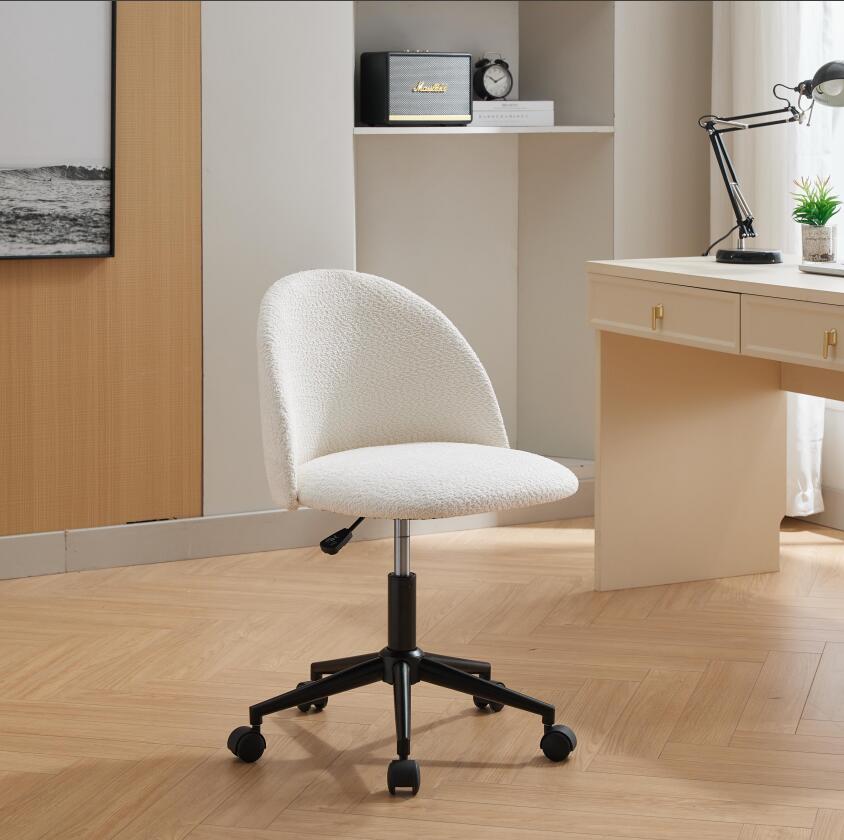 Velvet fabric office chair, mid back adjustable rotating computer chair, black legs, cushioned office chair with wheels ，White