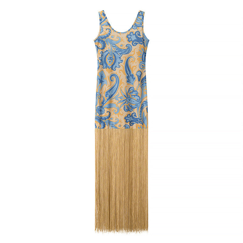Elegant Sleeveless Printed Tassel Spliced Dress with Style