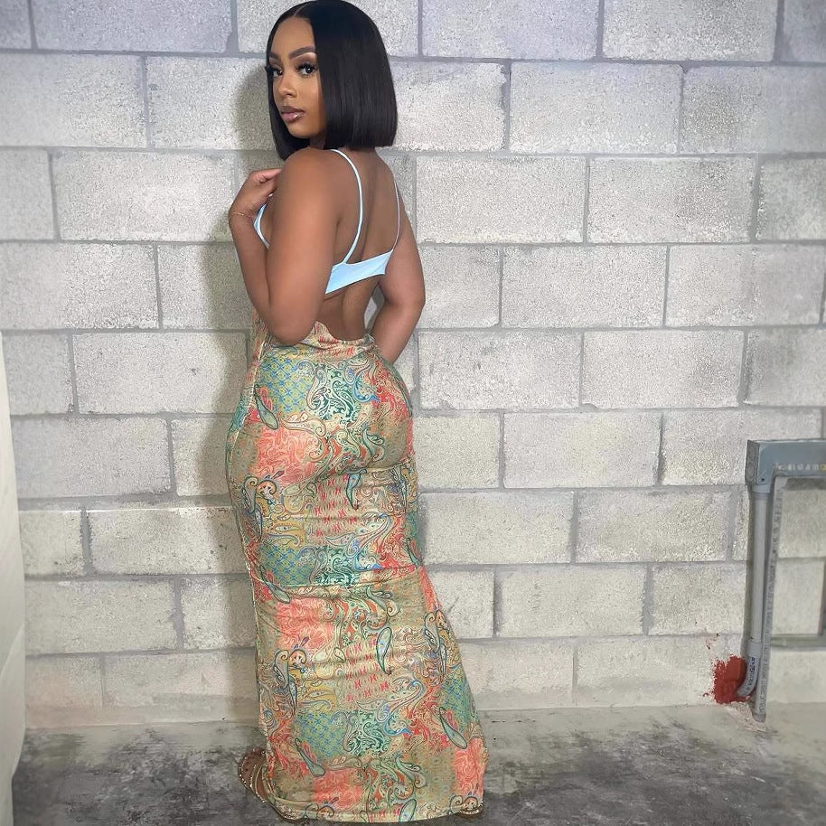 Women's Sexy Strapless Backless Halter Fitted Slant Hip Long Dress