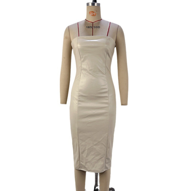 Women's Solid Color PU Leather Sexy Strapless Waist-Cinching Bodycon Dress