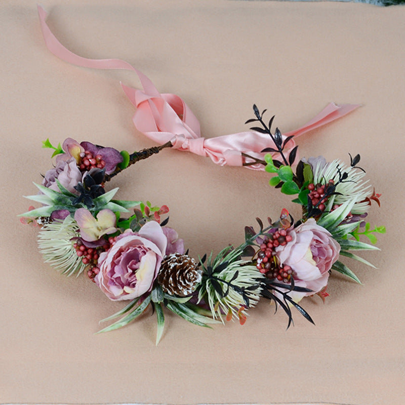 Vintage flower wreath autumn pine cone handmade simulation flower bridal hair accessory Hanfu headwear female