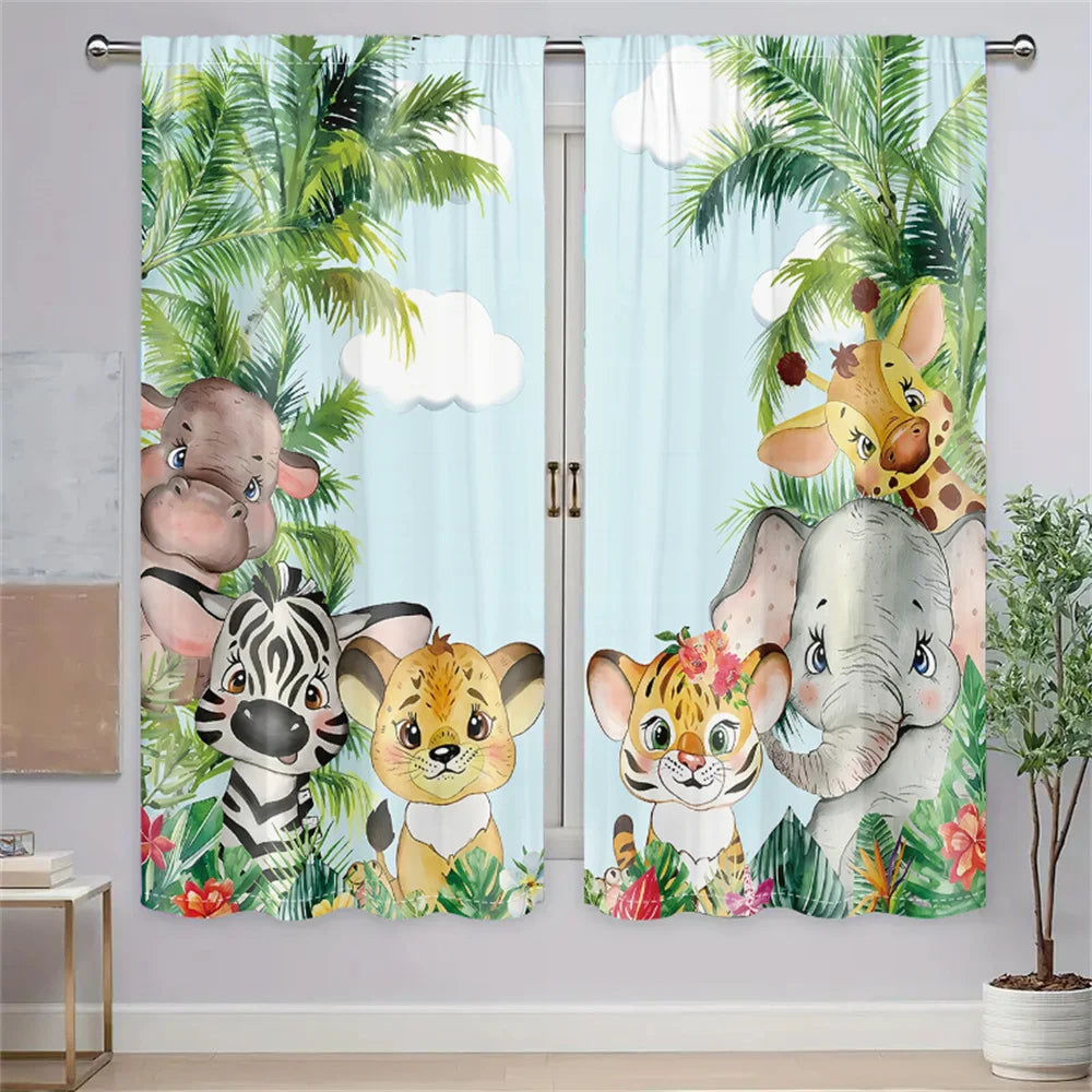 2Pcs Tropical Jungle Animal Cartoon Curtains Living Room Bedroom Window Decor or Kids Room